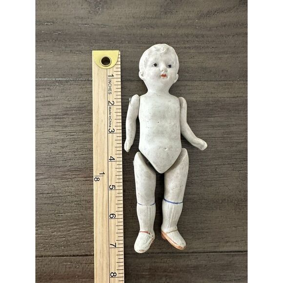 Antique Bisque Porcelain 7" Articulated Arms Legs Doll, RED Feet Made In Japan - Picture 2 of 13